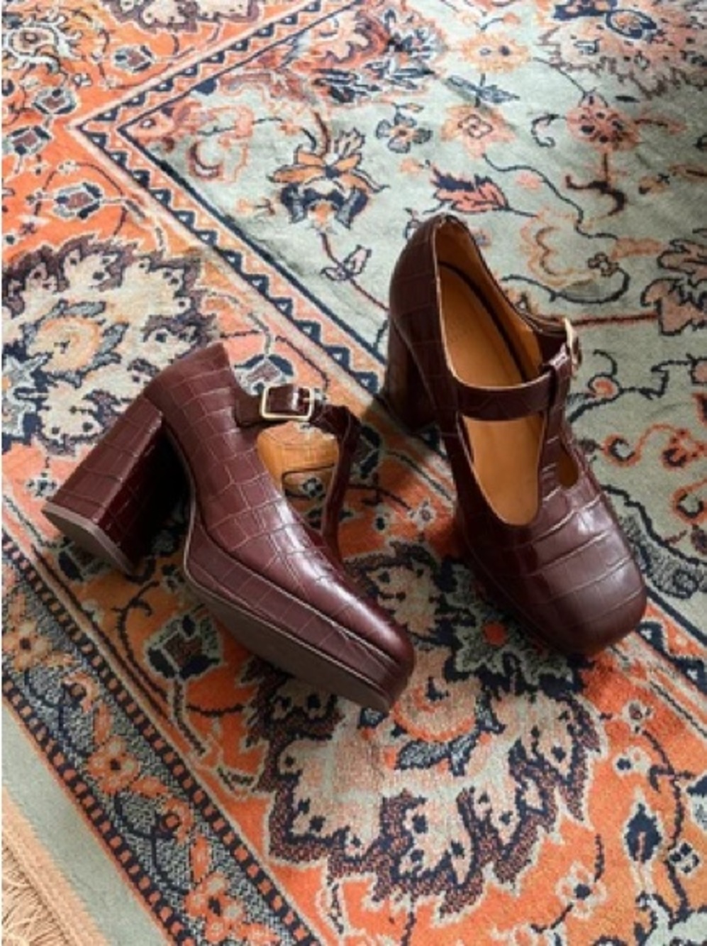 Sezane Monique Mary Jane t-strap Platform Heels in Burgundy croc 41 10